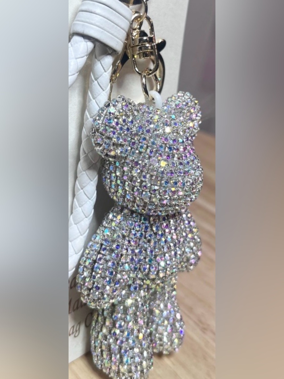 Natasha LARGE Iridescent Crystal Teddy Bear Bag Charm / Keychain / Wristlet, NIP - Picture 6 of 8